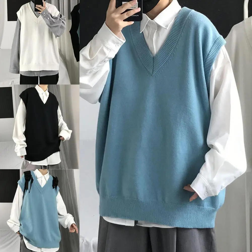 

Men Sweater V Neck Solid Color Sleeveless All Match Spring Sweater for School