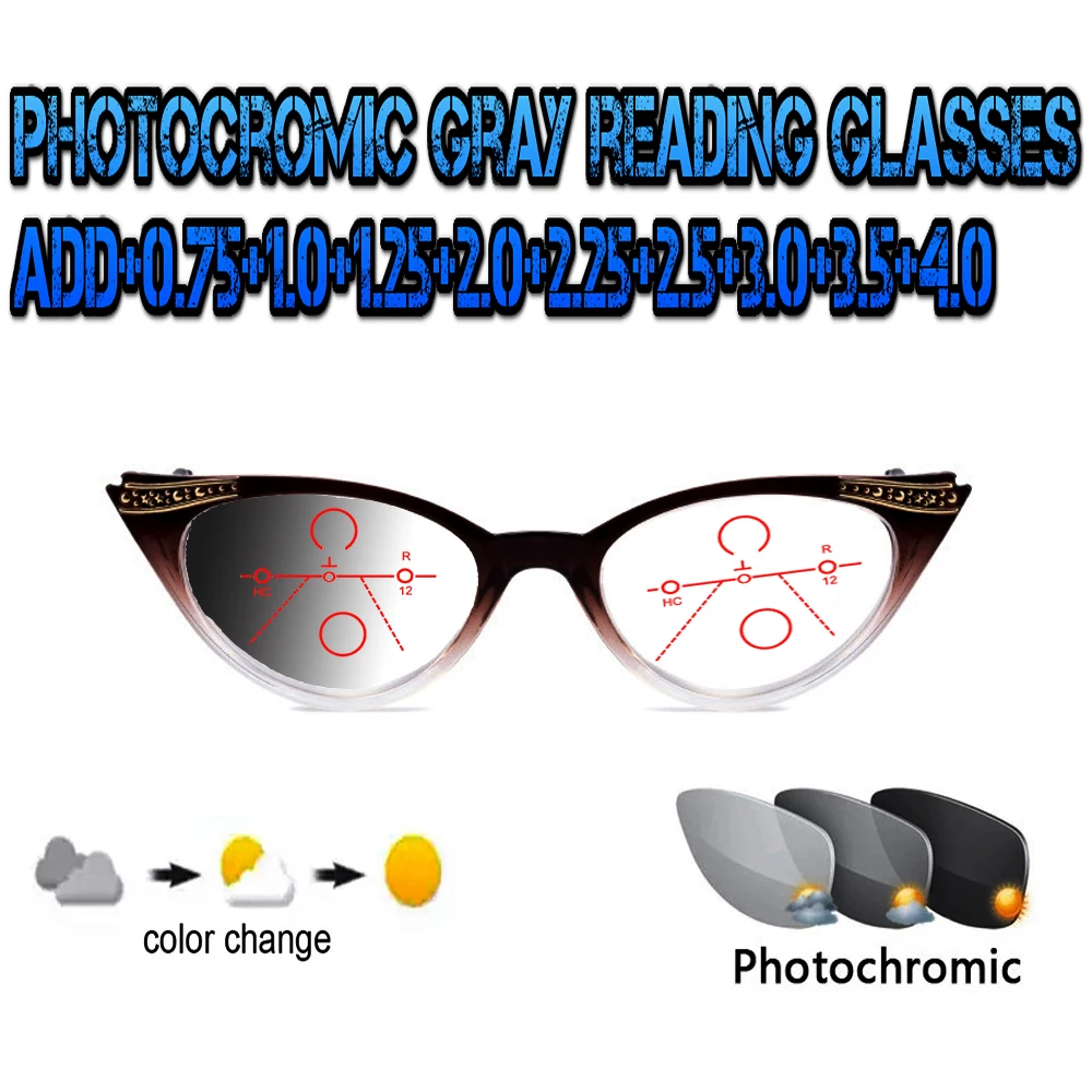 Photochromic Gray Progressive Multifocal Reading Glasses Ultralight Cat's Eyes Fashion for Ladies Women+0.75 To +4.0