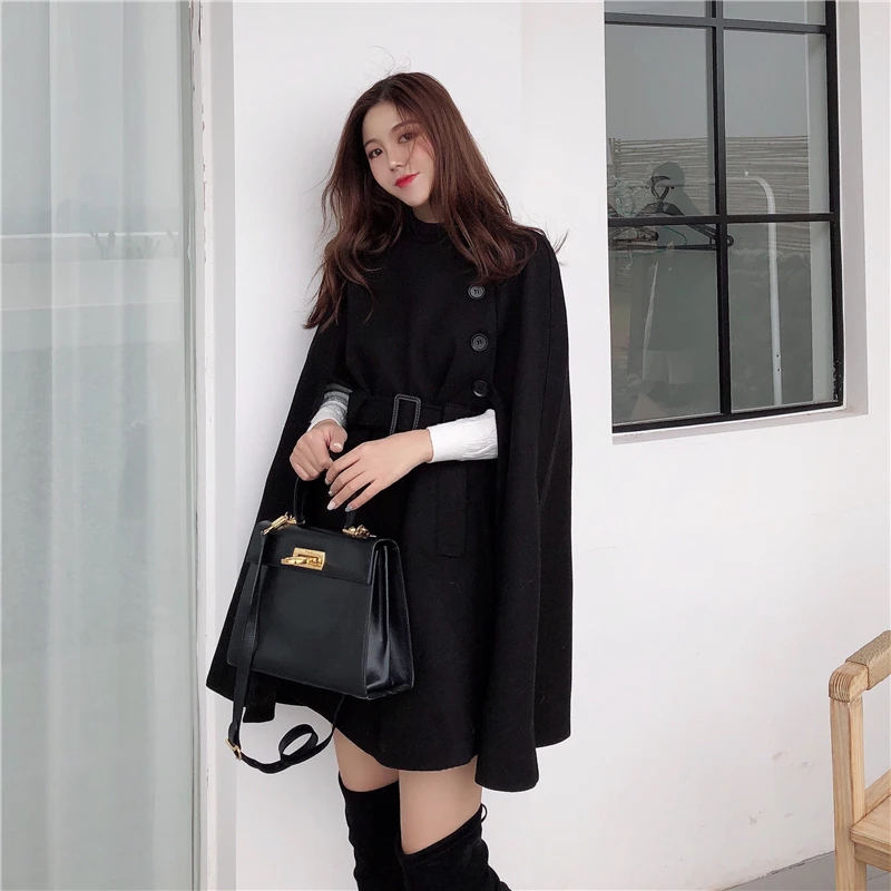 2024 Autumn High Quality Woolen Cloth Shawl Cape Poncho With Belt Women Mid-length Korean Sleeveless Casual Ladies Cape Coats