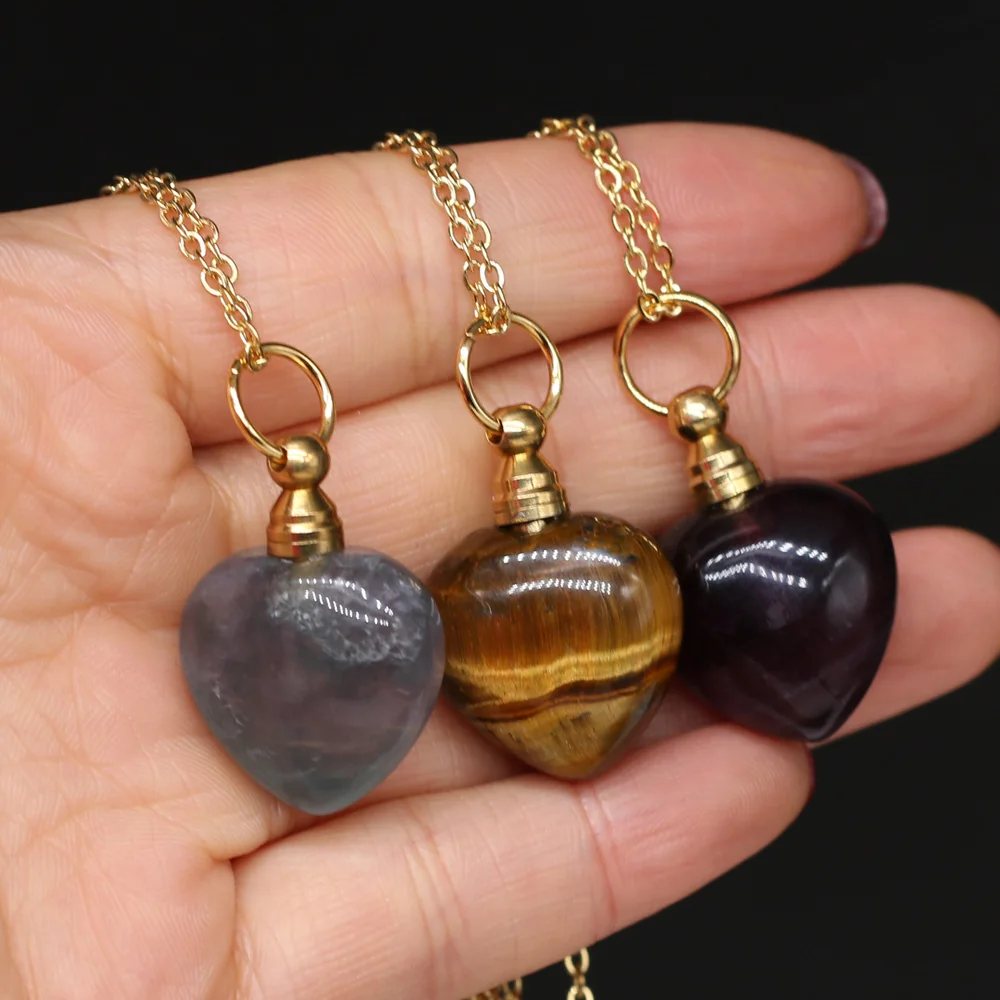 

Natural Stone Perfume Bottle Necklace Heart Shaped Semi-Precious Pendant Charms For Elegant Women Love Romantic Gift 60 CM