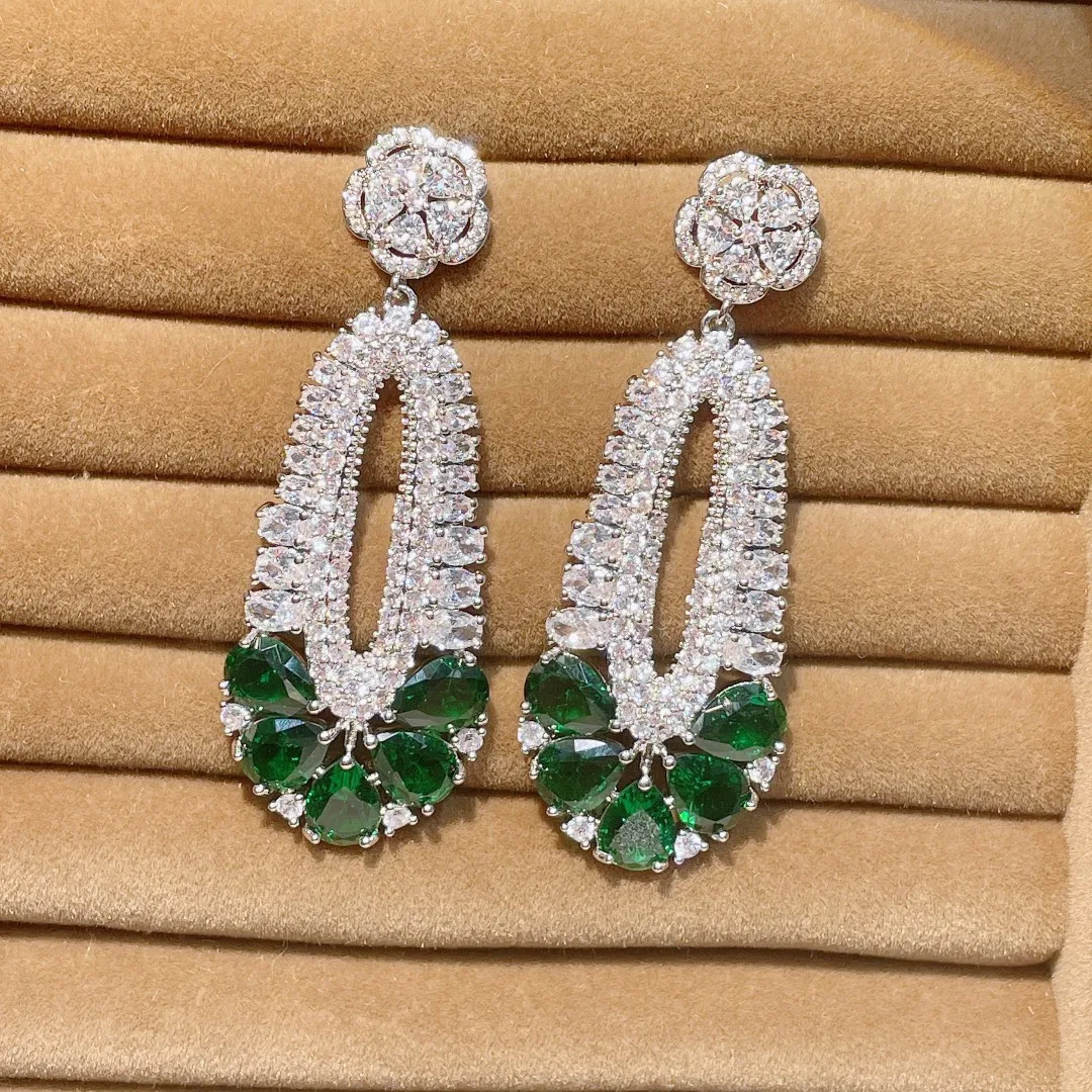 HIBRIDE New Trendy Green Water Drop Long Crystal Dangle Earrings for Women Fancy Zirconia Party Wedding Dress Jewelry E-1037