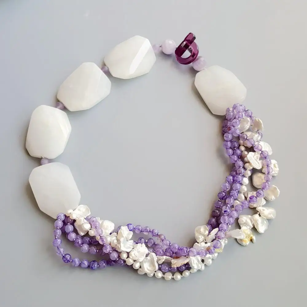 

LiiJi Unique Natural White Jades Agatess Amethysts Baroque Pearl 6 Rows Unique Big Necklace Toggle Clasp Necklace 52cm/20''