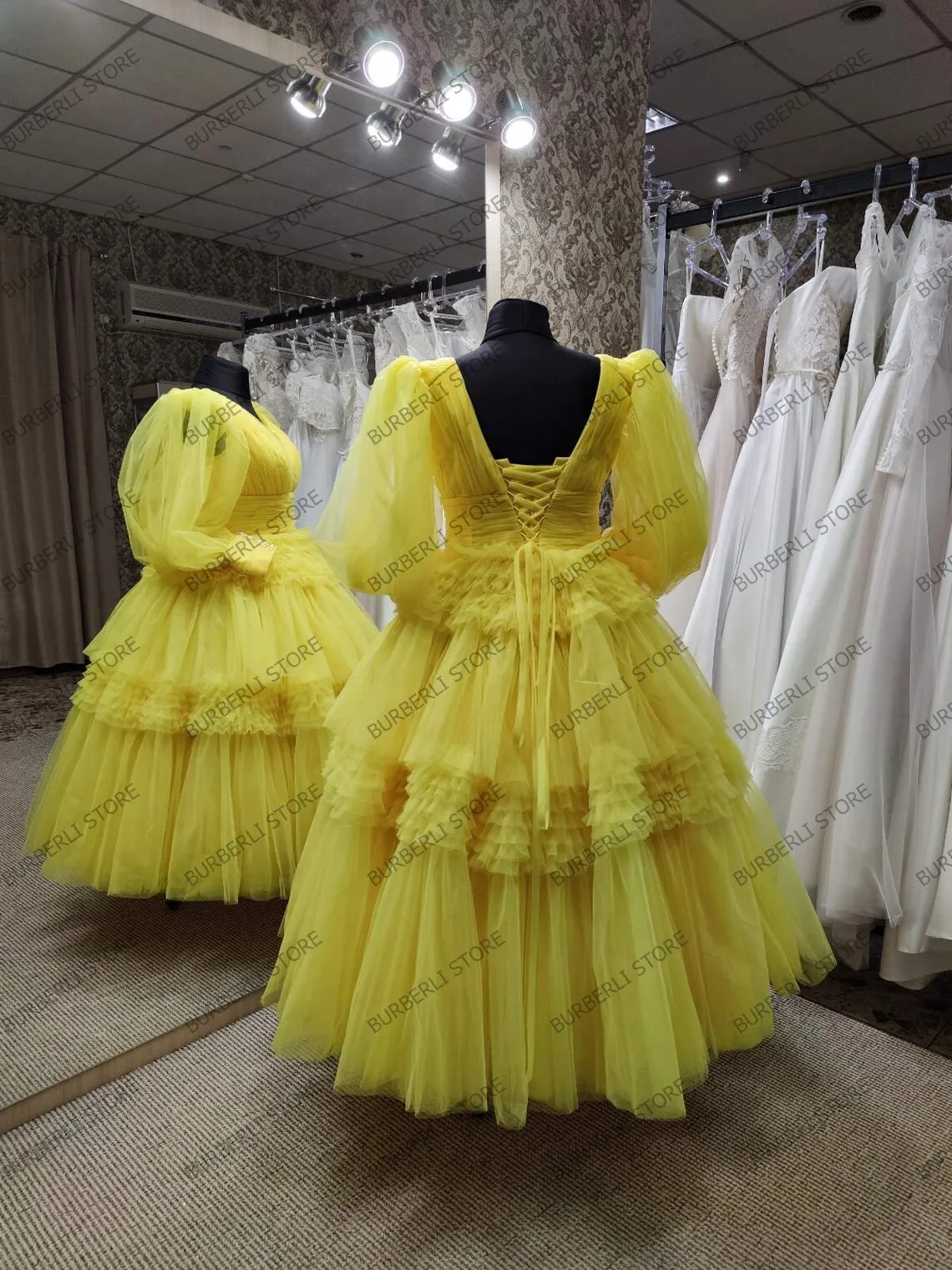 Real Image Puffy Yellow Tulle Ball Gowns Mid-Calf Elegant Ruffles Tiered Women Dress To Birthday Party V-neck Puff Long Sleeves