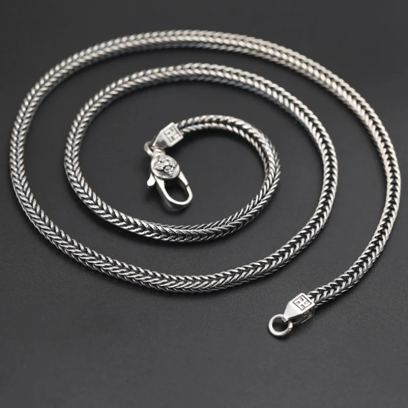 Thai Silver 4mm Square Fox Tail Necklace Men Women S925 Sterling Silver Retro Classical Weave Long Chain Necklaces Jewelry