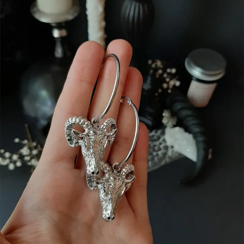 Baphomet-Boucles d\'oreilles créoles de chèvre pour femme, sorcière gothique, satan occulte, bijoux dermatologiques, crâne de bélier satanique,