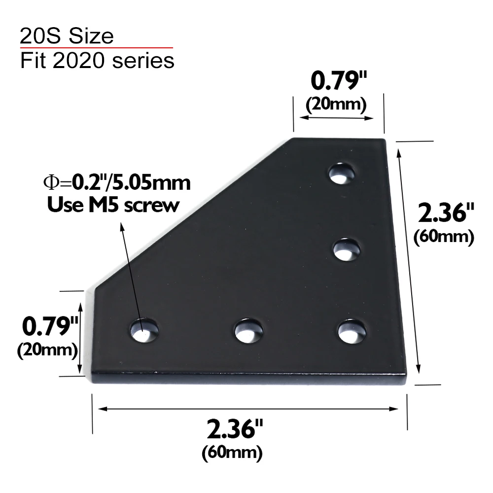 Plaque de jonction 20x20 avec 5 trous, plaque de jonction à 90 degrés, support d'angle, bande de jonction pour profil en aluminium 2020, 8 pièces