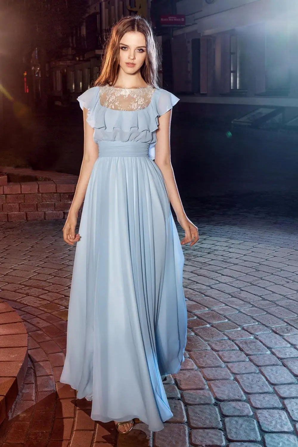 Young Girls' Prom Dresses Newest A Line Chiffon Long Cocktail Party Evening Dress with Flutters Buttons Back Robe