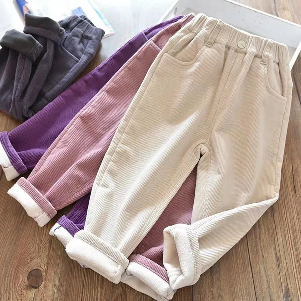 4-14 Years Kids Winter Corduroy Fleece Pants For Girls Solid Casual Sweatpants Soft Warm Children\'s Clothing Thick Trousers