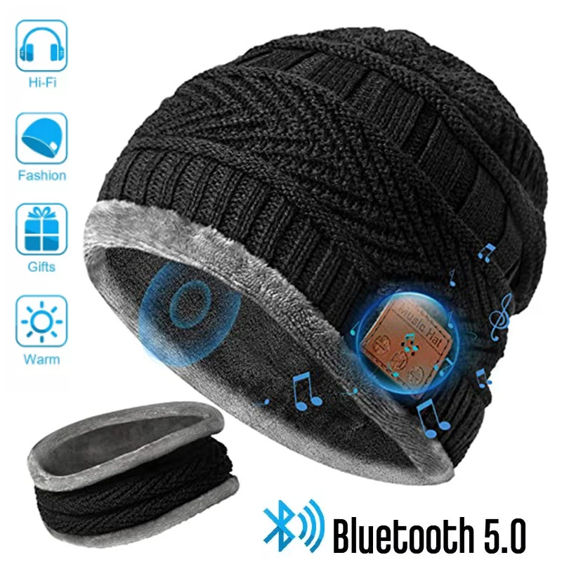 2in1 Winter Bluetooth 5.0 Headset Headband Warm Music Hat with Soft Scarf Microphone for Handsfree Call Outdoor Sport Cap Gifts