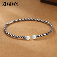 ZDADAN 925 Sterling Silver Twisted Double Pearl Cuff Bracelet&Bangle For Women Fashion Jewelry