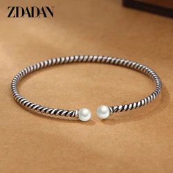 ZDADAN 925 Sterling Silver Twisted Double Pearl Cuff Bracelet&Bangle For Women Fashion Jewelry