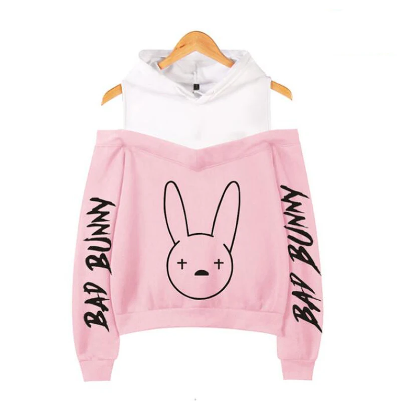 Rapper hip hop Bad Bunny Sexy Off Shoulder Hoodies Women Fashion Hooded Sweatshirt 2021 Hot Sale Streetwear Clothes