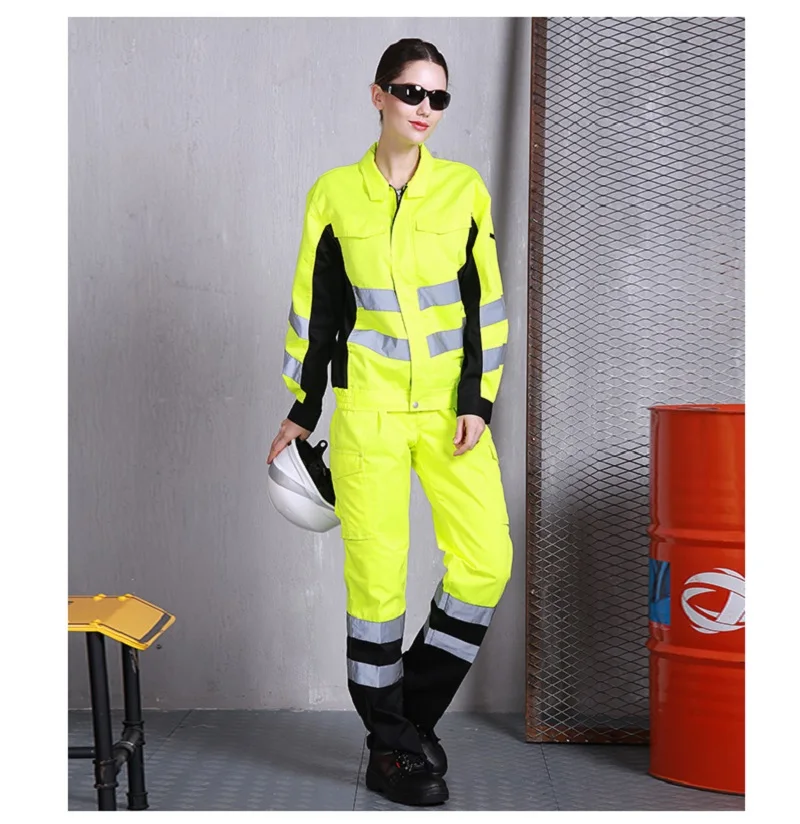 Moda uomo Hi Vis manica lunga abiti da lavoro Set tuta di sicurezza gialla riflettente uniforme di ingegneria della fabbrica riflettente ferroviaria