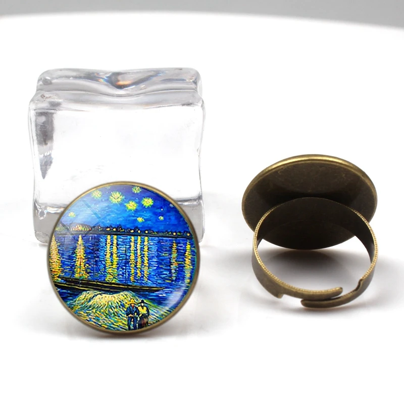 الأزياء الرجعية فان جوخ الفن اللوحة سلسلة حلقة ستار ليلة الزجاج الكريستال عجلة سحر الرجال النساء حلقة حزب عطلة هدايا تذكارية