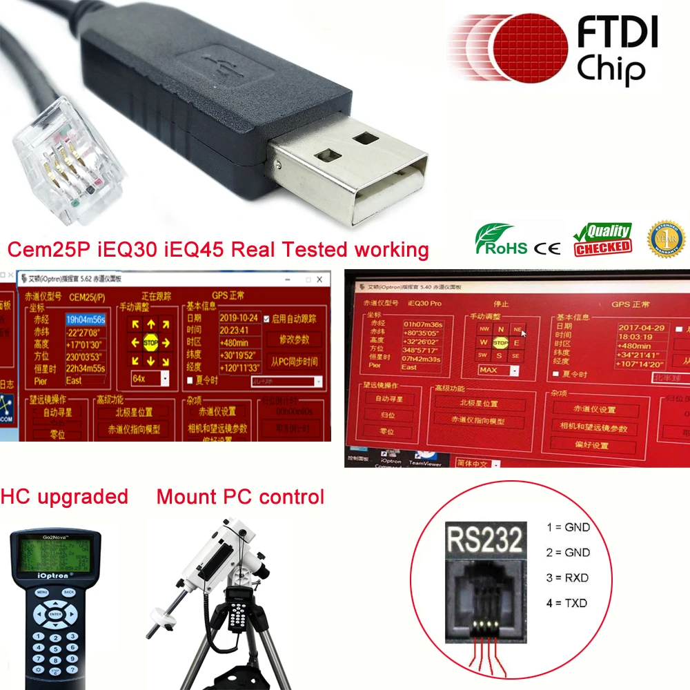 FTDI USB RS232 Serial to RJ9 RJ10 4p4c for iOptron iEQ45 cem25p ieq30 Pro Upgrade Cable PC GOTO Control