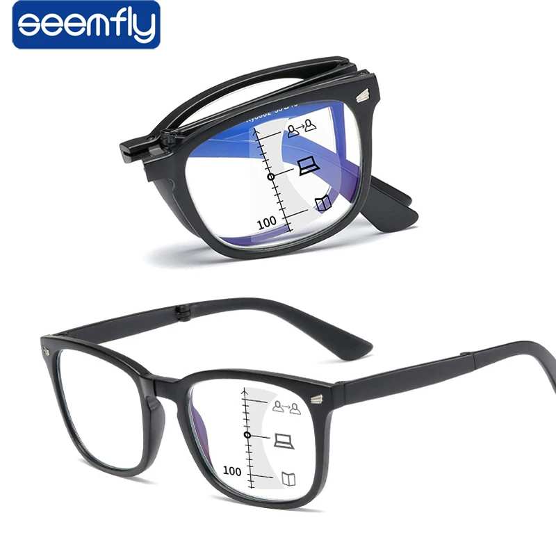 

seemfly Retro Folding Multifocal Progressive Reading Glasses Women Men Anti-blue Ray Far and Near double Optical Lens Presbyopic