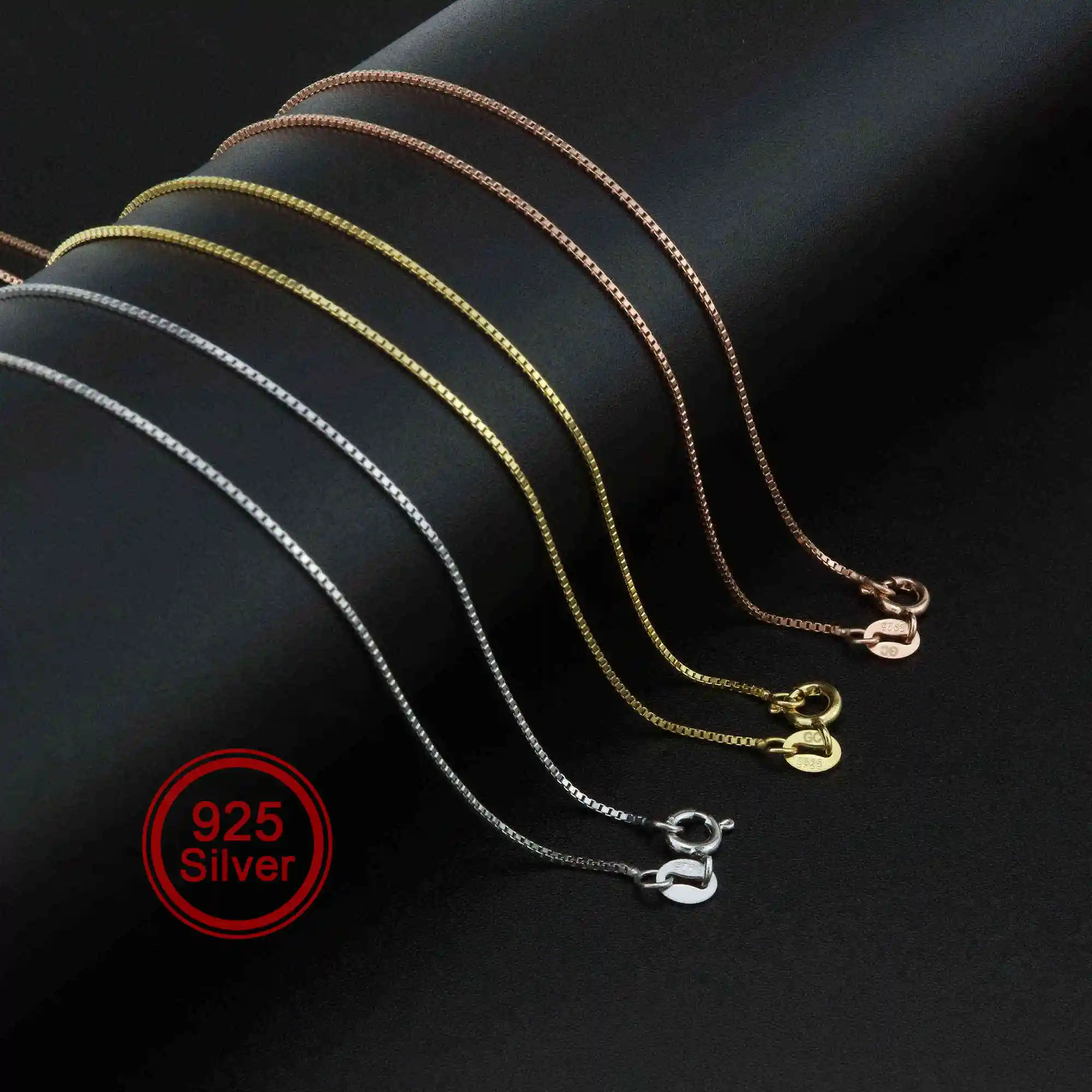 

1Pcs 0.8MM Thick 16-22Inches Rose Gold Plated Solid 925 Sterling Silver Box Chain Necklace DIY Supplies Findings 1320008