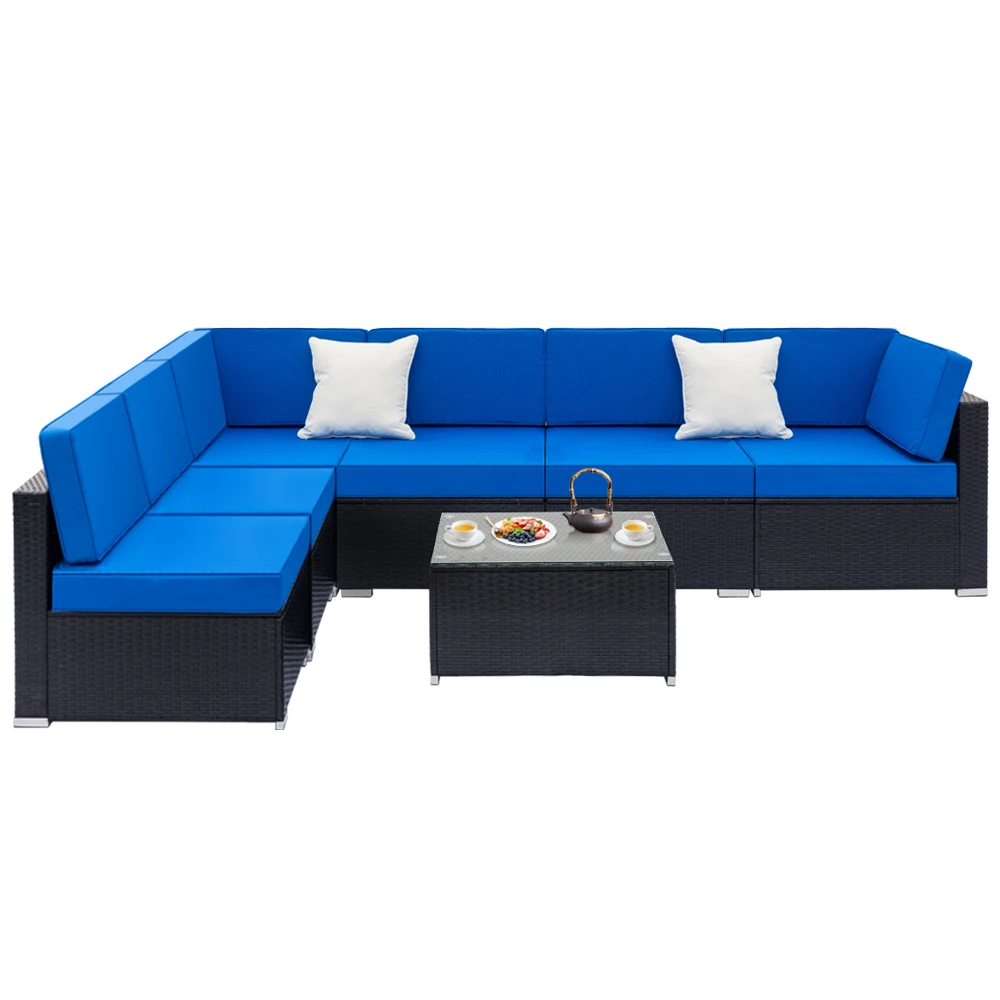 Two Styles Patio Furniture Set 6 Pieces Patio PE Wicker Rattan Corner Sofa Blue  US Warehouse In Stock