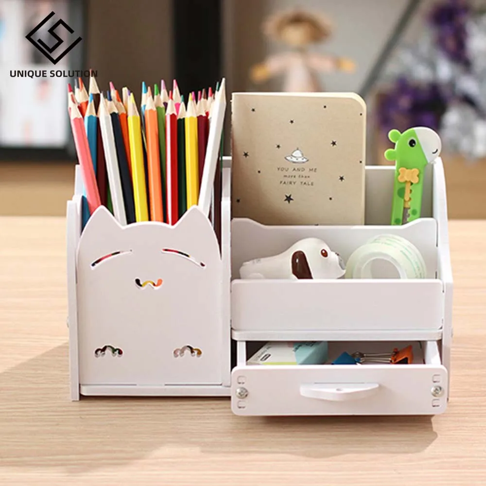 Multi-function 4 Grid Desktop Pen Holder Office School Stationery Storage Case Wood Box Desk Pen Pencil Organizer Phone Holder