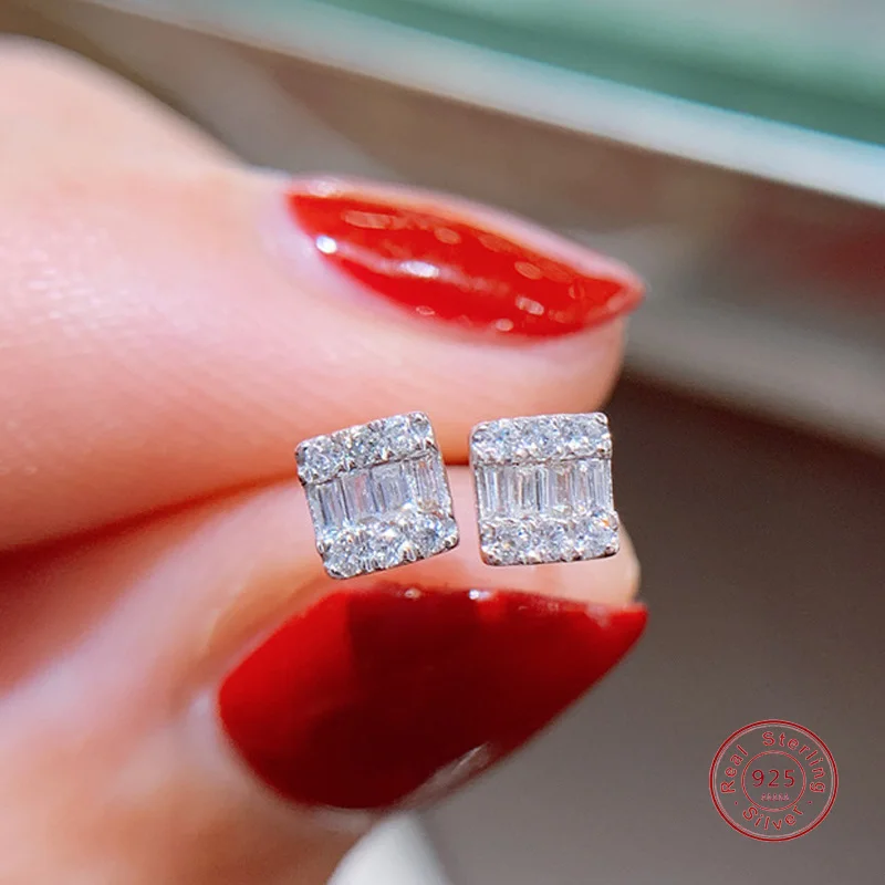 Fashion 925 Silver Needle Princess Square Cut Dazzling AAA Zircon Earrings