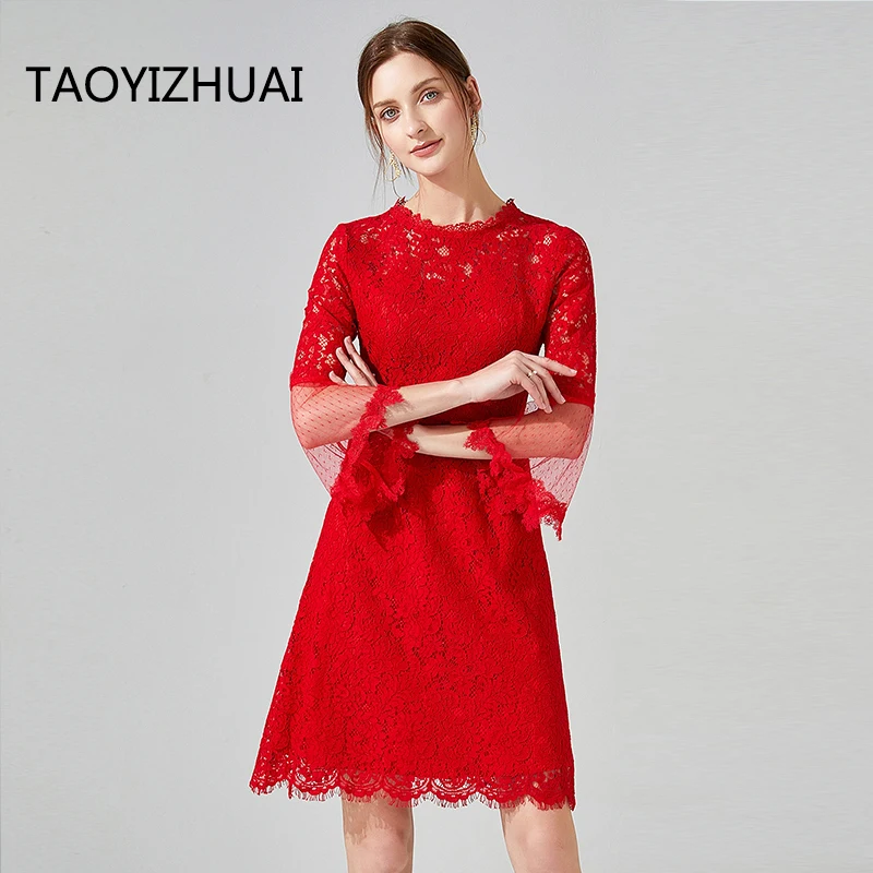 TAOYIZHUAI midi casual dress round  neck three quarter flare sleeves hollow out  above knee length  festival  party dress