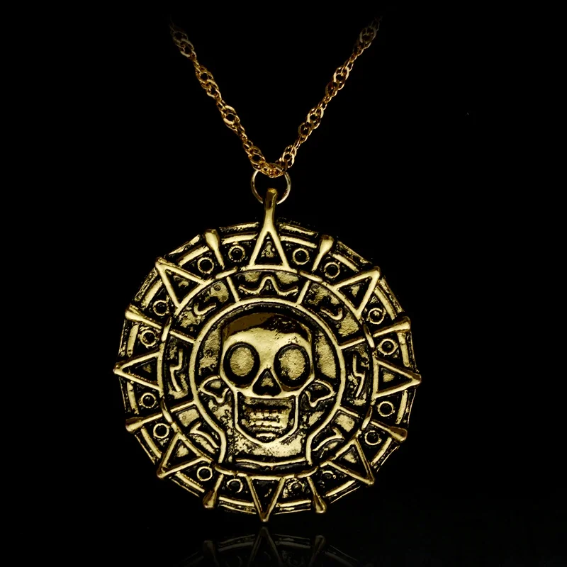 Movie Pirates of The Caribbean Necklace Aztec Coin Vintage Gold Plated Captain Jack Sparrow Medallion Skull Pendant Necklace