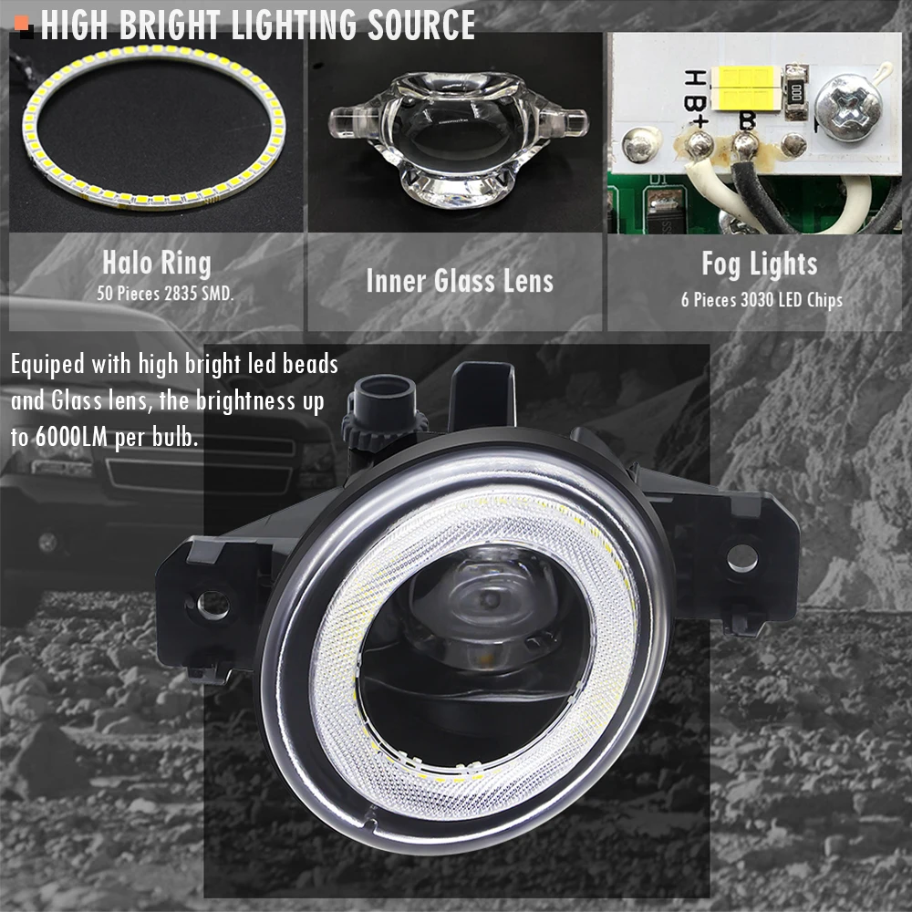2in1 Car Right + Left LED Fog Light Assembly Angel Eye Daytime Running Lamp DRL 30W 8000LM 12V For Nissan X-Trail T30 2001-2006
