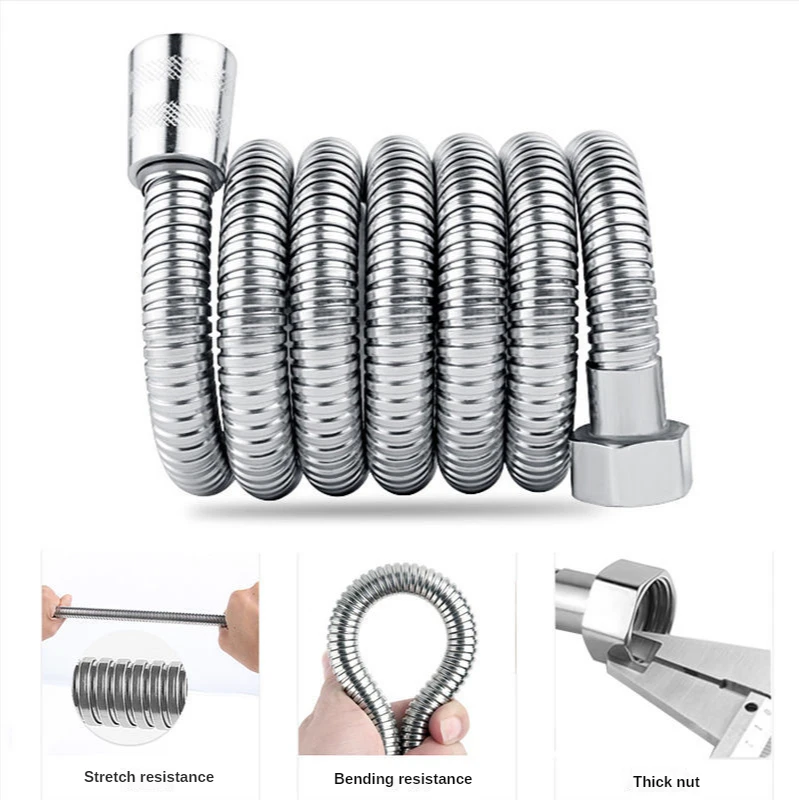 Chuveiro de aço inoxidável flexível, mangueira de 1.5m/2m, longo, banheira de banheiro, à prova de explosão, tubulação de água crimpada, acessórios