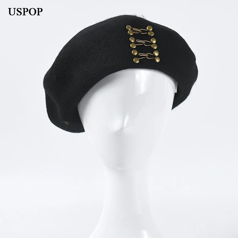 USPOP Winter Hats Women Berets 100% Wool Hat Fahion Metal Button Beret