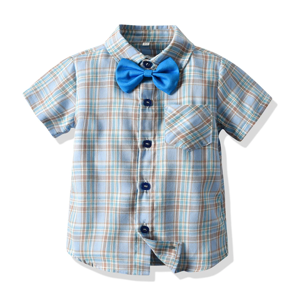 Top and Top Kids Clothing Set Boys Cotton Plaid Tops +Suspender Short Pant Clothes Suit Children Party Wear Costumes Bebes