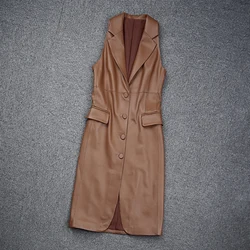 Autumn Chaleco Mujer Sheepskin Suit Sleeveless Lapel Slim Single-Breasted Sheath Dress Gilet Femme Coffee Real Leather Jaqueta