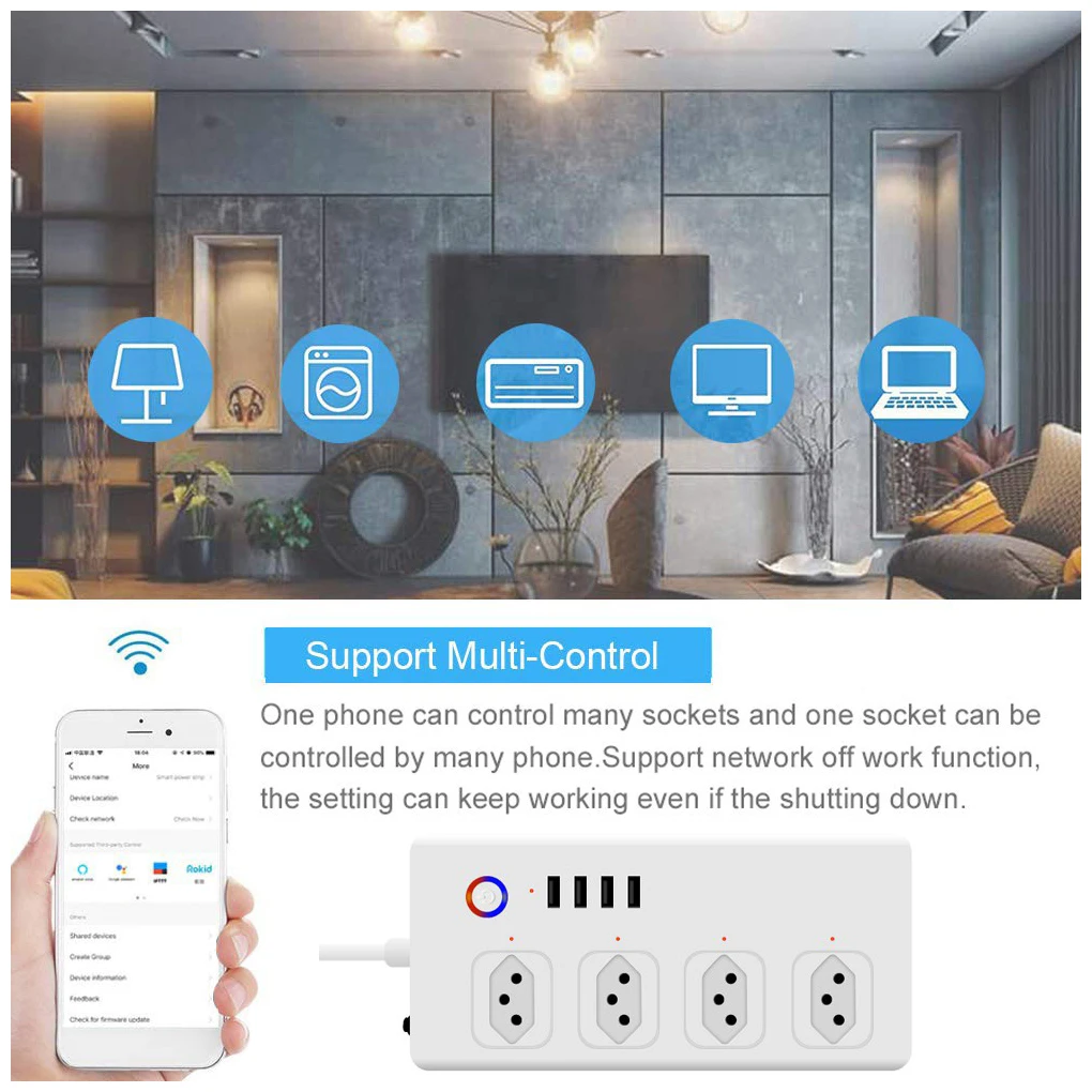 Power Strip with 4 Outlets 4 USB Ports Home Office WiFi Remote Control Power Strip Smart Wireless Outlet Brazil Plug