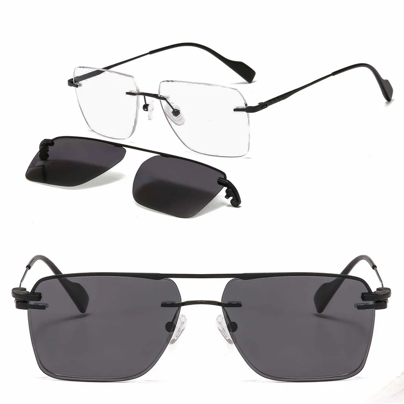 

Metal Clip on Sunglasses 33093 Square Rimless Prescription Optician Glasses with Removable Polarized Lenses for Men