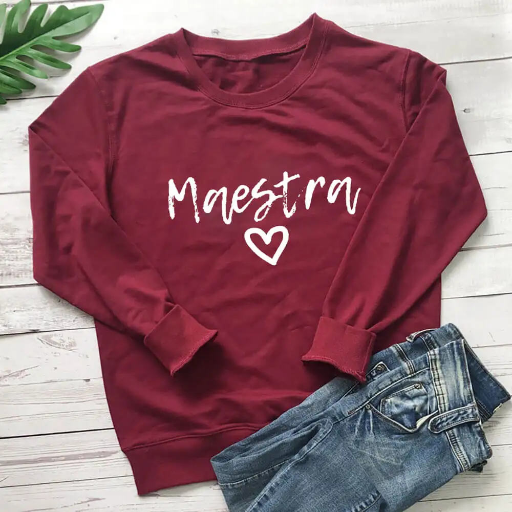 Maestra Heart Print 100%Cotton Spanish Teacher Sweatshirts Women\'s Funny Casual O-Neck Feminist Long Sleeve Tops Teacher Gift