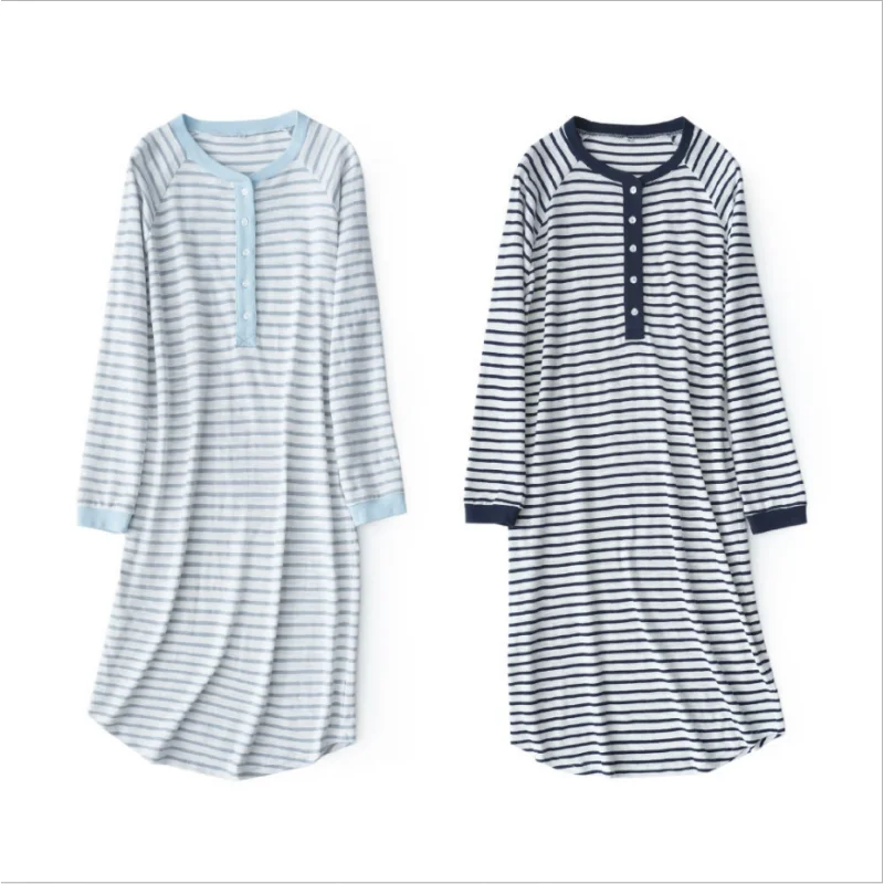 2024 Spring Female Casual Striped Nightgown Ladies Soft 100% Cotton sleepshirt Women Long Sleeve Round collar sleepwear dress