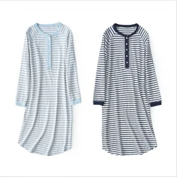 2024 Spring Female Casual Striped Nightgown Ladies Soft 100% Cotton sleepshirt Women Long Sleeve Round collar sleepwear dress