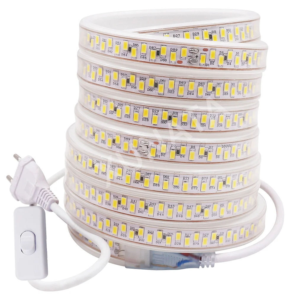 220V LED Strip Light with Switch SMD 5730 2835 5050 Flexible Led Tape 180/240Leds/m Waterproof Outdoor Lamp Switch EU Plug