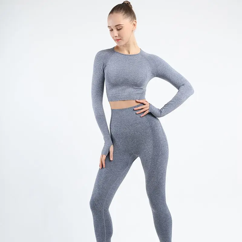 Seamless Women Yoga Set Workout Sportswear Gym Clothing Fitness Long Sleeve Crop Top High Waist Leggings+Sport Bra Sports Suits