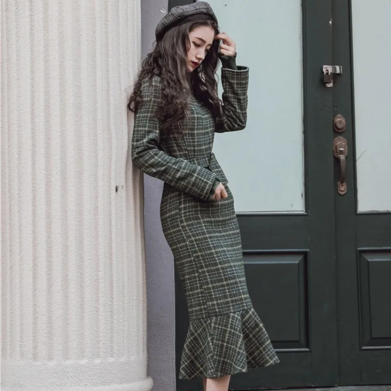 Vintage Elegant Sweaters Green Plaid Tweed Two Piece Set Women Streetwear Autumn Winter Slim Ruffle Long Dress Suit S-L