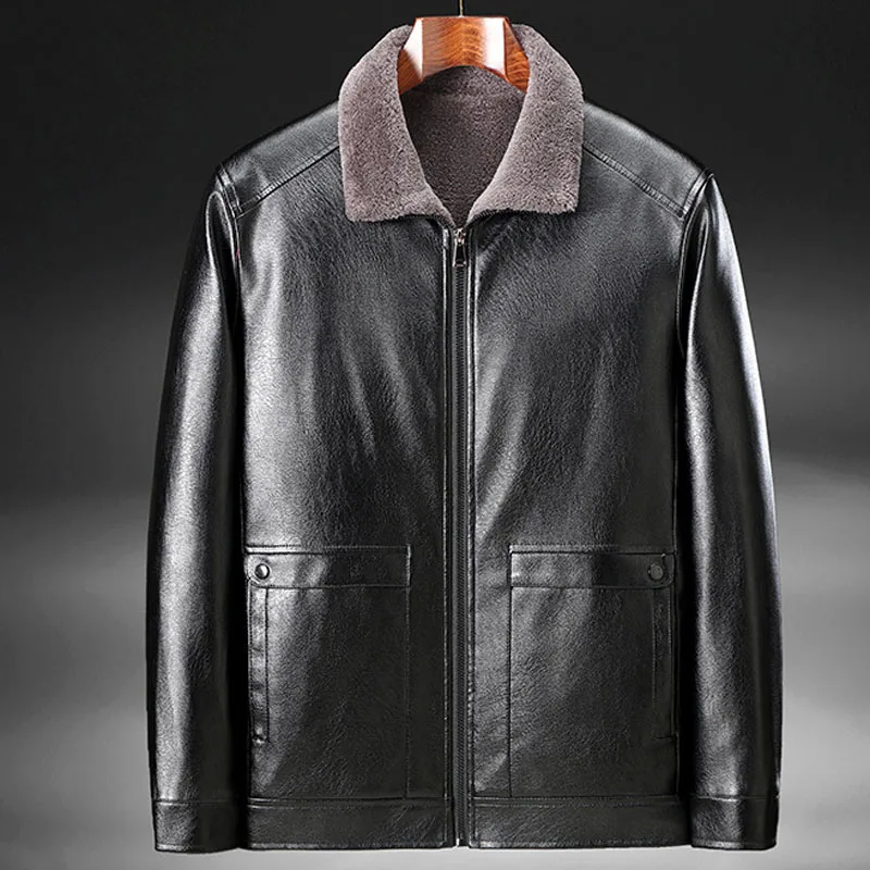 Nova jaqueta de couro grosso inverno jaquetas masculinas moda gola pele do falso à prova vento casaco masculino roupas couro da motocicleta my608