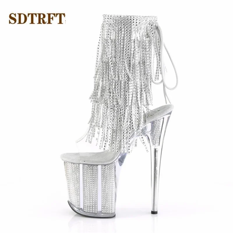 SDTRFT Stilettos 20cm Thin Heels Ankle boots transparent Platforms shoes Woman Rhinestone Tassels Botas Mujer Sequined pumps