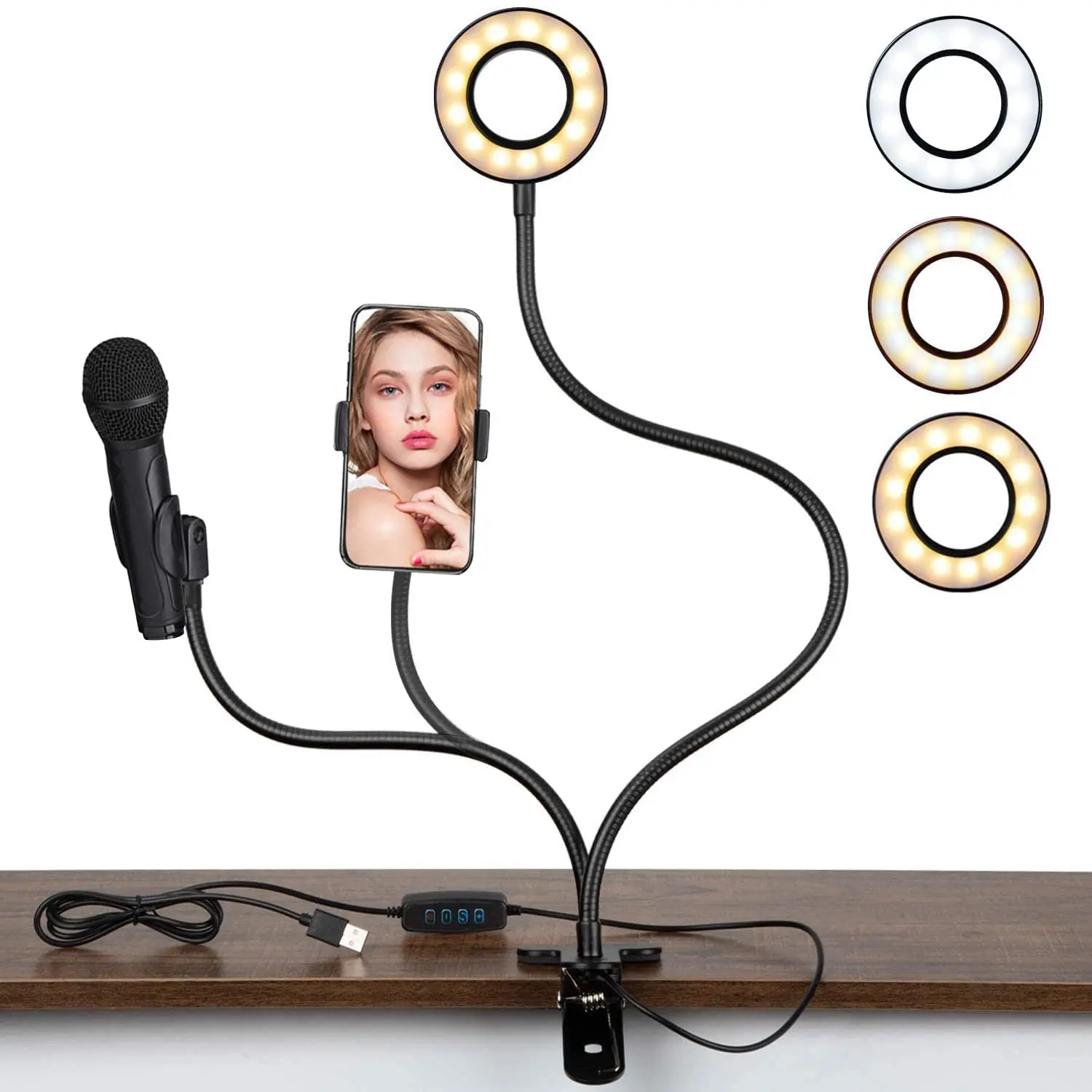 Selfie ring light clip on with Microphone Stand and phone holder, Led Video Lighting Kits for Live Stream Makeup Tiktok Youtube