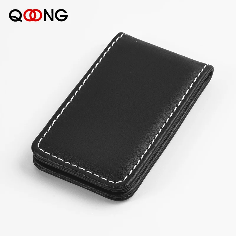 QOONG Money Clip Wallet Slim Men Women Vintage Strong Magnet Money Clip Cow PU Leather Pocket Clamp Credit Card Cash Case Holder