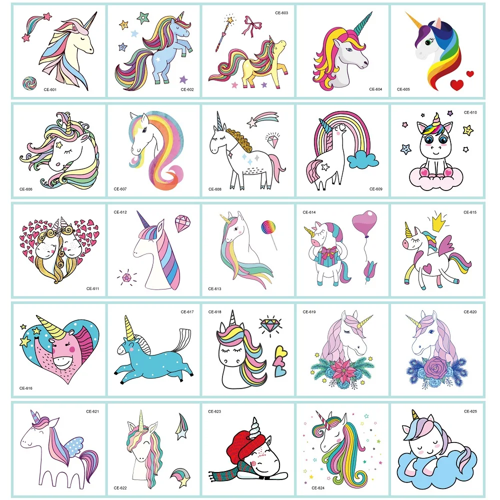 25pcs/Set No Repeated Unicorns Temporary Tattoo Sticker For Kids Waterproof Body Art Disposable tatouage temporaire Cute Cartoon