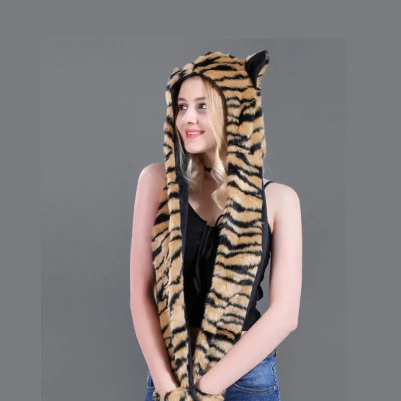 Gorro esponjoso con orejas de gato y Lobo para mujer, gorro de felpa con guantes de mitones, Animal, Invierno