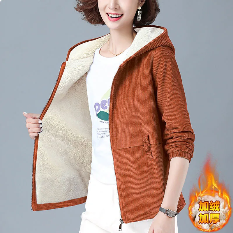 Women Winter Coat 2023 New Middle-aged Mother Corduroy Coat Loose Hooded Jacket Autumn Casual Add Velvet Coats 4XL C