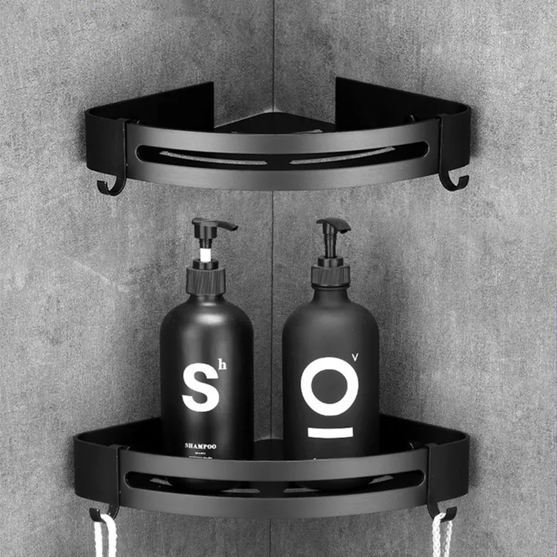 

Wall Mounted Shelf with Hooks Shower Shelves Holder Kitchen Storage Rack Balck Silvery Color Bathroom Accessories