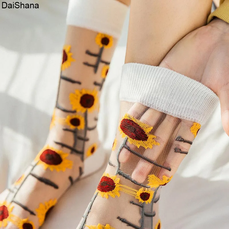 2021 New Product  High Quality Women Socks Harajuku Crystal Slik Tide Socks Funny Sunflowers Vines Flowers Happy Cute Socks