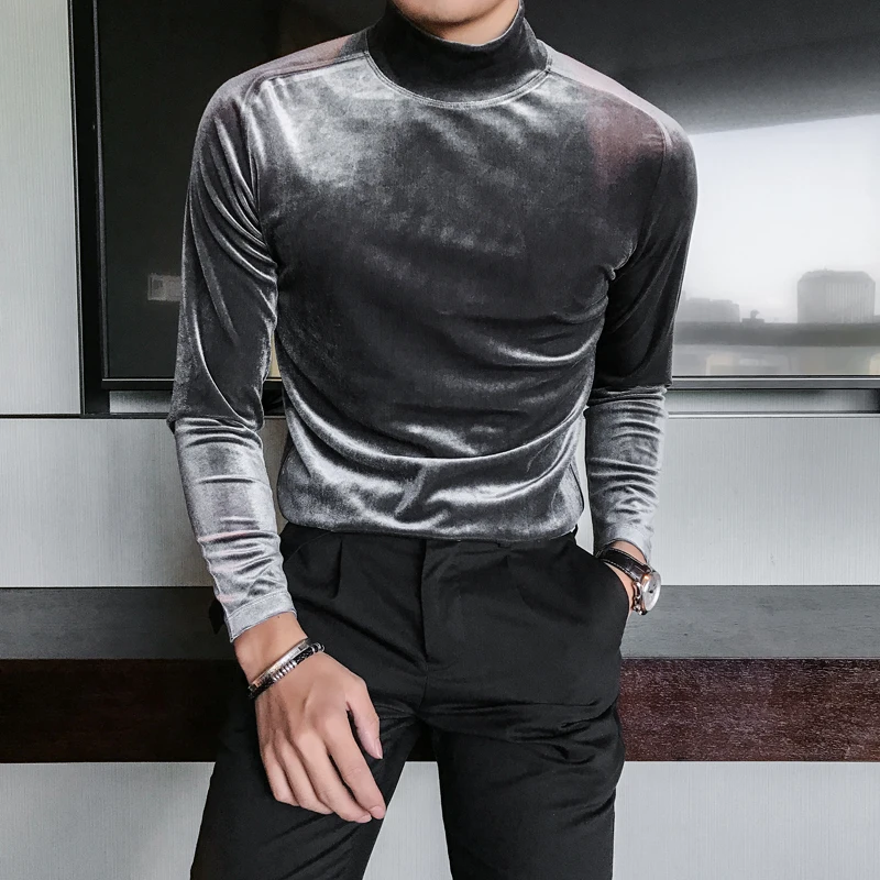 Autumn Winter Mens Half High Collar Long Sleeve T Shirts 2021 High Quality Velvet Stretched Slim Fit Solid Color T-Shirts Homme