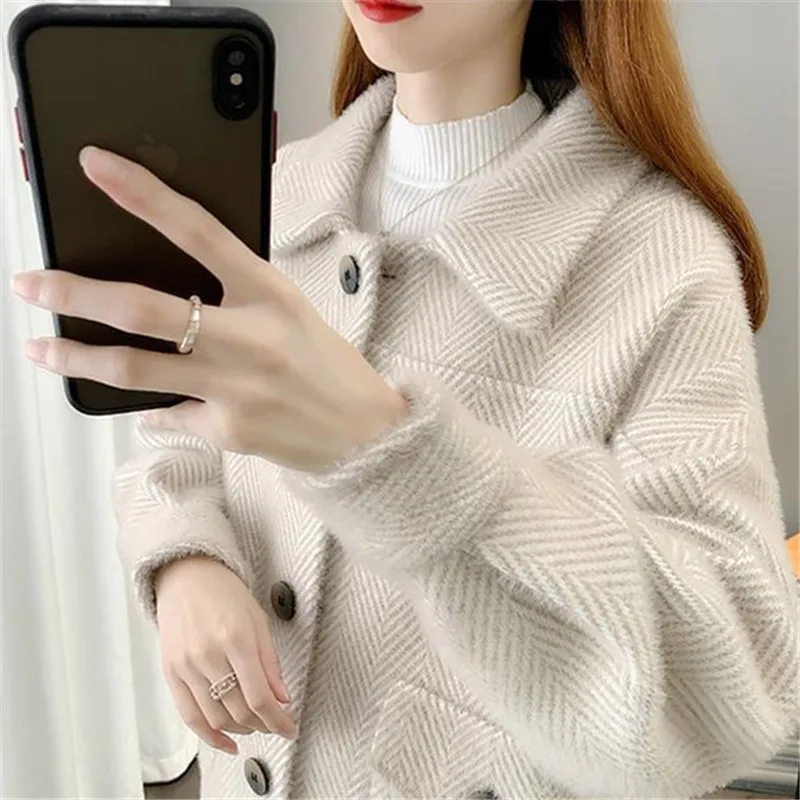 Korean Autumn Winter Thick Striped Mink Cashmere Woolen Coat Women Student Outerwear Loose Short Big Pocket Woolen Jacket Female